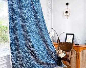 Blue Farmhouse Curtain, Crochet Curtains, Boho Cotton Curtain for Bedroom, Living Room - Semi Blackout Window Boho Decoration Drapes