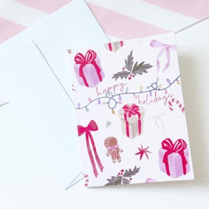 Biglietto di auguri natalizio rosa stravagante, auguri natalizi acquerellati, biglietto di auguri natalizi pastello Coquette, biglietto di auguri natalizi rosa con fiocco Coquette