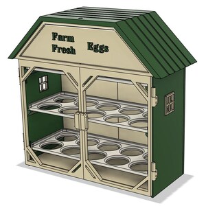 May include: A green and cream-colored wooden egg storage cabinet shaped like a small barn. The front features the text Farm Fresh Eggs, two hinged doors with small window cutouts, and two internal shelves with circular cutouts for holding eggs.