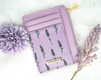 Lavender Lilac Purple Genuine Leather Slim RFID Blocking Card Holder/Women Floral Coin Purse With Gold Metal Hardware/Best Gift Idea for her