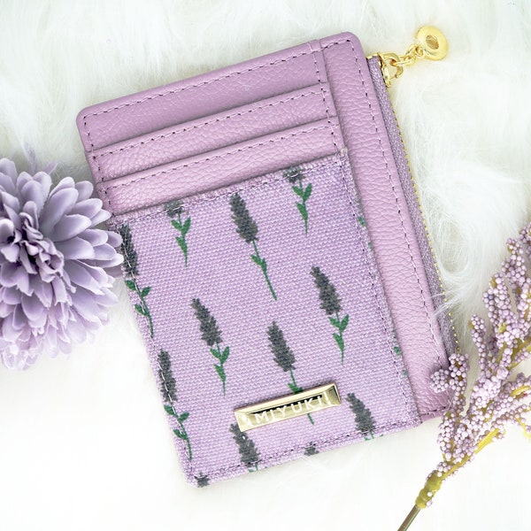 Lavender Lilac Purple Genuine Leather Slim RFID Blocking Card Holder/Women Floral Coin Purse With Gold Metal Hardware/Best Gift Idea for her