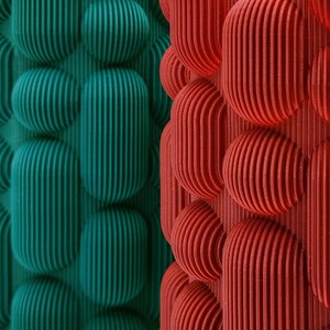 May include: Abstract image featuring a repeating pattern of textured, rounded shapes. The design is split vertically, with teal-green forms on the left and red forms on the right. The shapes have a ribbed texture, creating a 3D effect.