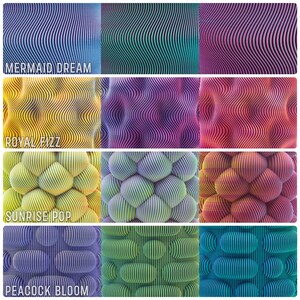 May include: A collection of nine abstract designs with textured surfaces. The designs feature a variety of colors, including blue, green, yellow, purple, and red. Each design has a unique pattern, with some resembling waves and others featuring a bubble-like texture. Text includes "MERMAID DREAM", "ROYAL FIZZ", "SUNRISE POP", and "PEACOCK BLOOM".