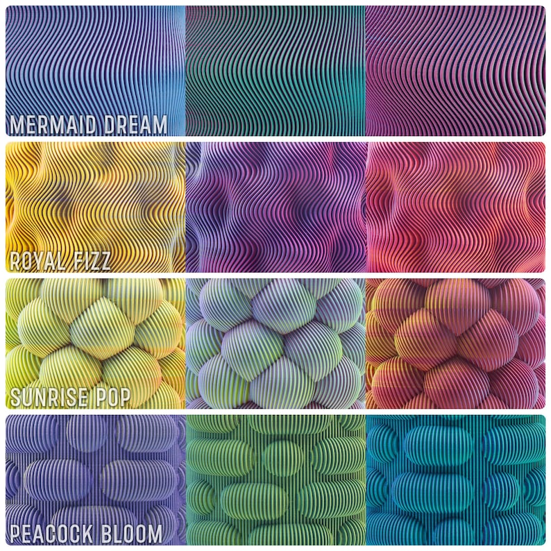 May include: A collection of nine abstract designs with textured surfaces. The designs feature a variety of colors, including blue, green, yellow, purple, and red. Each design has a unique pattern, with some resembling waves and others featuring a bubble-like texture. Text includes "MERMAID DREAM", "ROYAL FIZZ", "SUNRISE POP", and "PEACOCK BLOOM".
