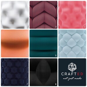 May include: A collection of nine square images showcasing various textured patterns. The patterns include wavy, striped, and geometric designs in colors like white, pink, orange, teal, navy, and black. One image features the text "CRAFTED not just made."