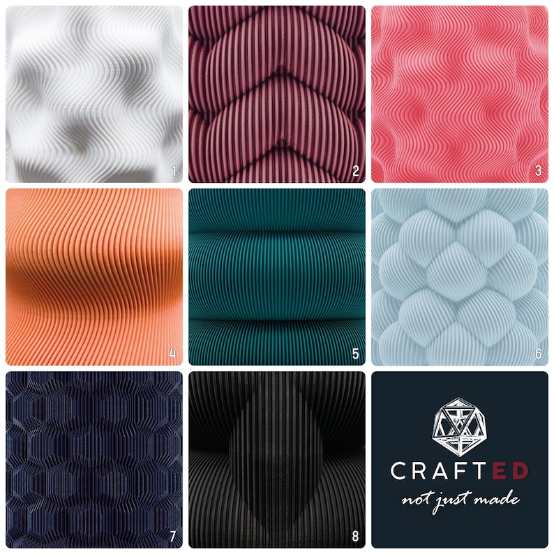 May include: A collection of nine square images showcasing various textured patterns. The patterns include wavy, striped, and geometric designs in colors like white, pink, orange, teal, navy, and black. One image features the text "CRAFTED not just made."
