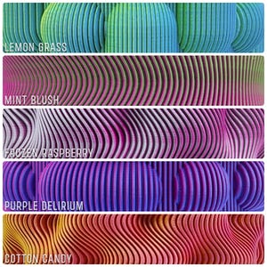 May include: A collection of colorful, abstract designs with wavy, vertical lines. Each design is labeled with a color name: Lemon Grass, Mint Blush, Frozen Raspberry, Purple Delirium, and Cotton Candy. The designs are a mix of green, pink, purple, and orange hues.