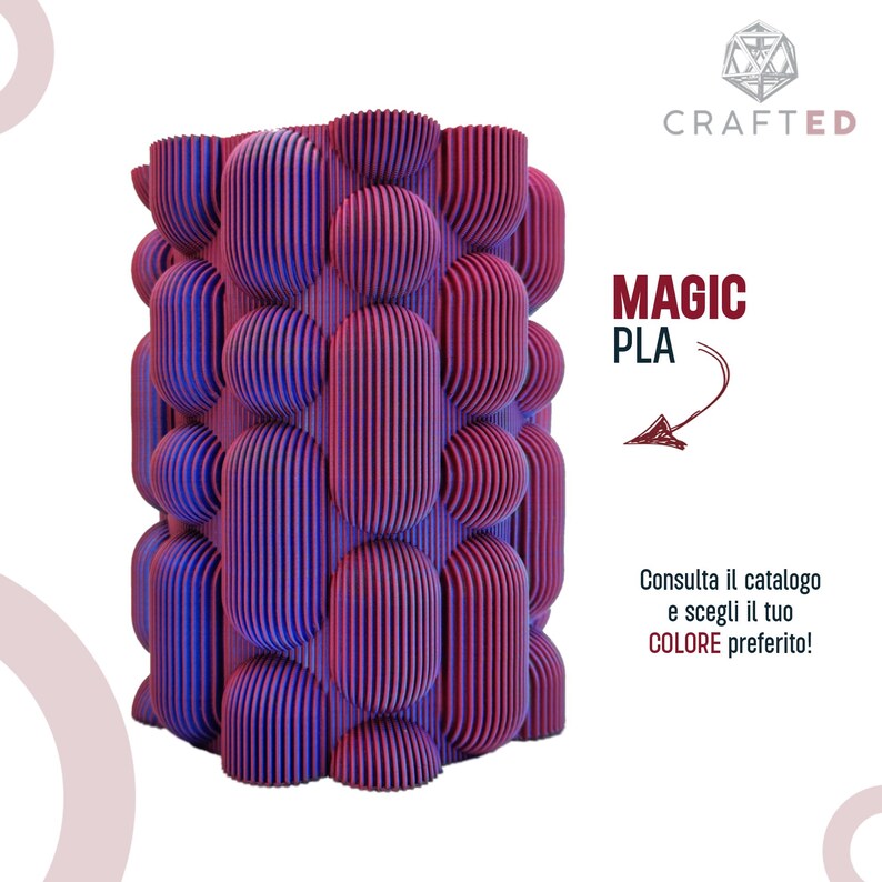 May include: A 3D-printed decorative vase with a unique design. The vase is composed of vertical, rounded, and oval shapes in shades of purple and red. The text "MAGIC PLA" is visible on the right side of the image.