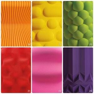 May include: A collection of six abstract, textured panels in vibrant colors. The panels feature various patterns, including vertical lines, rounded shapes, and wavy designs. Colors include orange, yellow, green, red, pink, and purple. Each panel has a number in the bottom right corner.