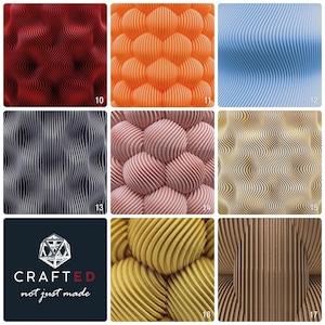 May include: A collage of textured, abstract designs in various colors. The designs include wavy and spherical patterns in shades of red, orange, blue, gray, pink, gold, and brown. The image also includes the text "CRAFTED not just made".