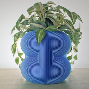 Può includere: Un vaso sferico di colore blu brillante, scanalato, con una forma arrotondata e segmentata. Il vaso presenta una distinta texture a linee verticali su tutta la superficie e contiene una pianta d'appartamento ricadente con foglie appuntite variegate di verde e bianco.