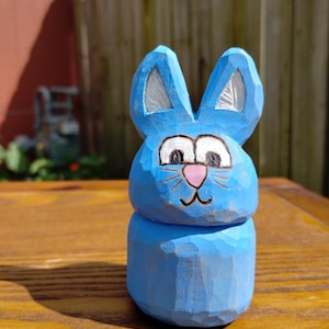 Wood Carving - Wooden Bunny Carving - Hand Carved and Painted Easter Décor