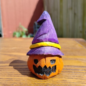 Wood Carving - Wooden Pumpkin Carving - Jack O Lantern - Hand Carved and Painted Halloween Décor