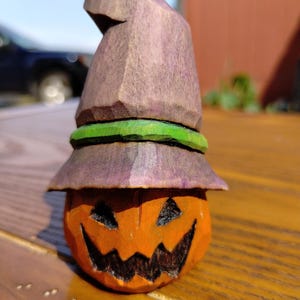 Wood Carving - Wooden Pumpkin Carving - Jack O Lantern - Hand Carved and Painted Halloween Décor