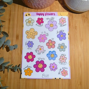 Planche de 18 stickers « Happy flowers » - pack Kawaii disponible - planches d'autocollants, stickers bujo, planner