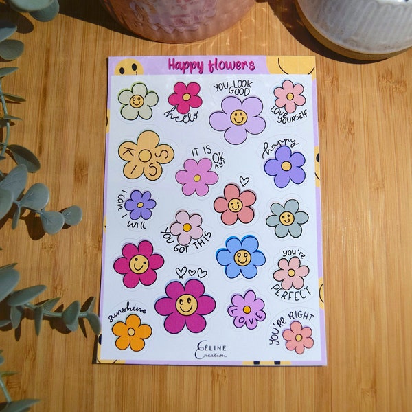 Planche de 18 stickers « Happy flowers » - pack Kawaii disponible - planches d'autocollants, stickers bujo, planner