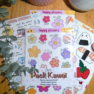 Pack Kawaii, 56 stickers - 3 planches de stickers - planches d'autocollants, stickers bujo, planner