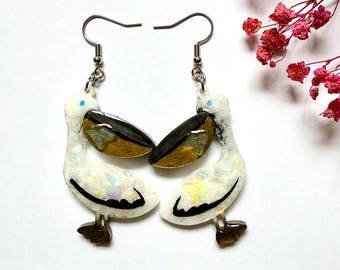 Pelican Dangle Earrings,  One of a Kind Handmade Resin Wildlife Jewellery, Hypoallergenic Seabird Nature Gift, Tropical Costal Jewellery