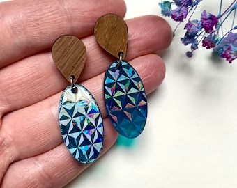 Holographic Oval Dangle Earrings, Handmade Resin Statement Jewellery, Stud Top Dangle, Glow in the Dark Option, Gift UK