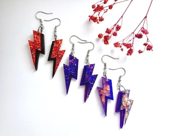 Two Tone Lightning Bolt Dangle Earrings,Handmade Resin Statement Jewellery, Bold Layered Gift for Her UK. Choose Your Colour.