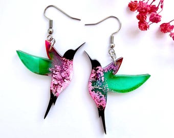 Hummingbird dangle earrings, Handmade Resin Wildlife Jewellery, Multicoloured Bird Earrings, Hypoallergenic Nature Gift UK