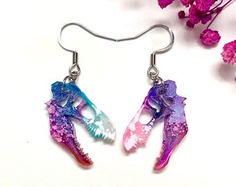 T-Rex Skull Dangle Earrings: Pink, Purple & Teal, Hypoallergenic Jewellery
