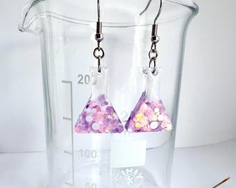 Purple Glitter Conical Flask Earrings, Science Teacher Gift