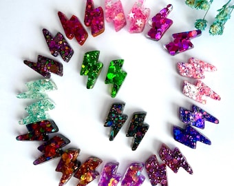 Glitter Mini Lightning Bolt Stud Earrings – Handmade Resin Statement Jewellery, Choose Your Variation, Hypoallergenic Gift UK