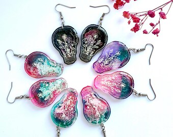 Floral Wildflower Lightbulb Dangle Earrings, Last Ever Stock, Handmade Resin Botanical Jewellery, Etched Nature Gift UK