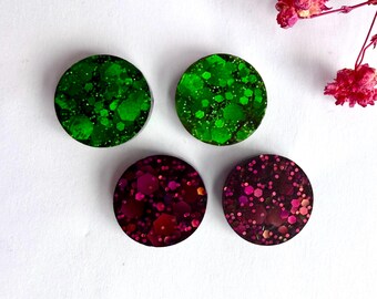 Pink and Green Matt Effect Glitter Stud Earrings – Handmade Resin Jewellery, 12mm Hypoallergenic Everyday Studs, Gift UK