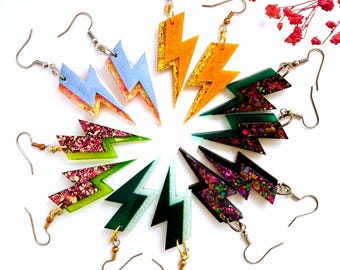 Two Tone Lightning Bolt Dangle Earrings, Last Ever Stock, Handmade Resin Jewellery, Layered  Celestial Gift UK, Choose your colour