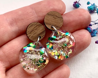 Real Pressed Cow Parsley Dangle Earrings – Handmade Botanical Resin Jewellery, Wildflower Lover Gift, UK