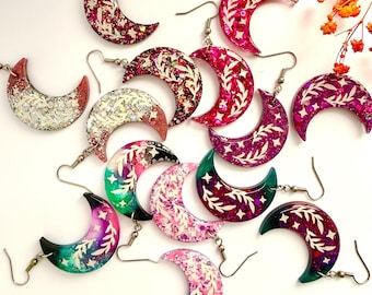 Crescent Moon Dangle Earrings,  Handmade Resin Celestial Jewellery, Choose Your Colour, Hypoallergenic Moon Lover Gift, Sage Moon Wiccan