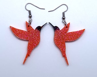 Bold Orange Hummingbird hypoallergenic glitter dangle earrings