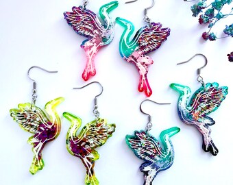 Crane Dangle Earrings: Last Ever Stock, Handmade Resin Wildlife Jewellery, Hypoallergenic Bird Gift