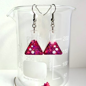 Pink holographic glitter conical flask hypoallergenic dangle earrings with bubble detail for the scientist or science teacher in your life!