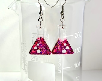 Pink holographic glitter conical flask hypoallergenic dangle earrings with bubble detail for the scientist or science teacher in your life!