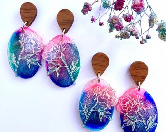 Peony Floral Resin Dangle Earrings, Handmade Botanical Statement Jewellery, Hypoallergenic Nature Gift for Her UK