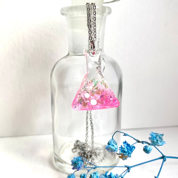 Limited Edition: pink rose ultraholographic conical flask pendant with bubble detail for the scientist or science teacher in your life!