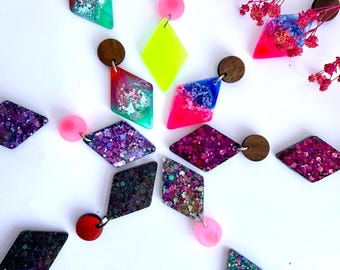 Diamond Dangle Earrings, Handmade Resin Statement Jewellery, Glow in the Dark Options, Hypoallergenic Gift, Pick your colour