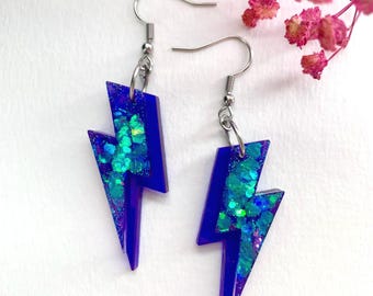 Blue Holographic Mermaid Lightning Bolt Earrings – Statement Resin Dangles, Festival Jewellery Gift, Celestial Earrings for her, UK