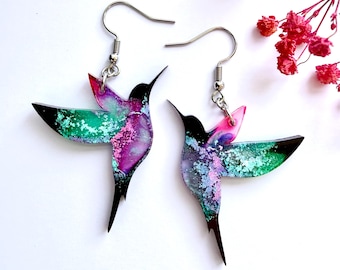 Hummingbird Dangle Earrings: Multicolored Resin Art, Hypoallergenic bird Jewellery