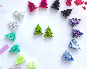 Christmas Tree Stud Earrings – Handmade Resin Festive Jewellery, Choose Your Colour, Hypoallergenic Stocking Filler Gift UK