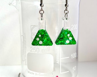 Emerald Green Glitter Conical Flask Earrings: Hypoallergenic Science Themed Jewellery For The Scientist In Your Life!