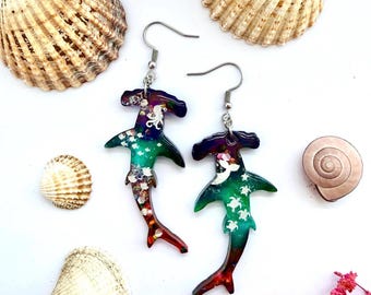 Hombre Hammerhead Shark Dangle Earrings, Handmade Ocean Resin Wildlife Jewellery, Hypoallergenic Marine Gift for Sea Lovers UK