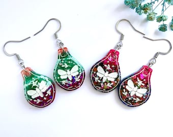 Zero Waste Moth Potion Bottle Dangle Earrings, Handmade Resin Witchy Jewellery, Glow in the Dark Option, Cottagecore Gift UK