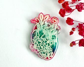 Floral Anatomical Heart Pin – Green & Pink Resin Brooch, Science Gift