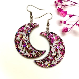 Delicate quirky holographic multicolour glitter floral crescent moon hypoallergenic dangle earrings -letterbox gift