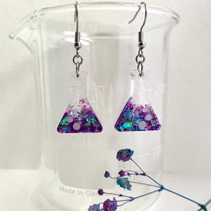 Purple glitter conical flask dangle earring with bubble detail for the scientist or science teacher in your life!