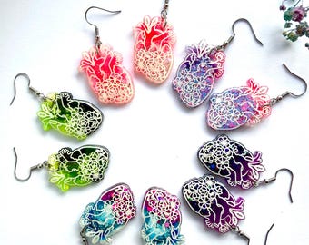 Anatomical Floral Heart Dangle Earrings, Handmade Resin Gothic Jewellery, Nurse Gift, Medical Student Gift, Choose Your Colour, UK